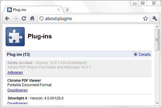 Plugins verwalten in Google Chrome