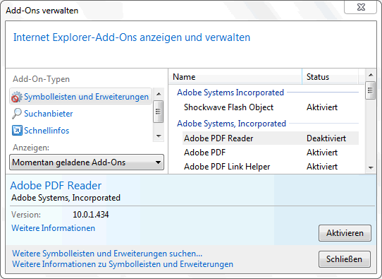 Add-Ons verwalten Internet Explorer